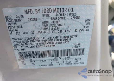2008 Ford Escape Xlt из США, поврежденный, VIN 1FMCU03Z68KE75370
